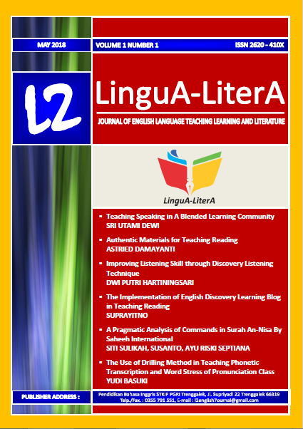 LinguA-LiterA a national scientific journal is open to seeking innovation, creativity, and novelty. LinguA-LiterA is a peer-review journal published by the STKIP PGRI Trenggalek. The aim of the journal is to facilitate scientific publication of the results of researches in Indonesia and participate to boost the quality and quantity of research for academics and researchers. LinguA-LiterA published two times a year, in May and November by publishing research results and critical analysis studies in the field of English Language Teaching Learning and Literature.